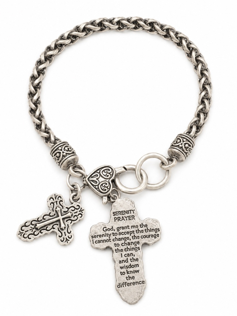 Sterling-Tone Serenity Prayer Cross Charm Bracelet in Silver